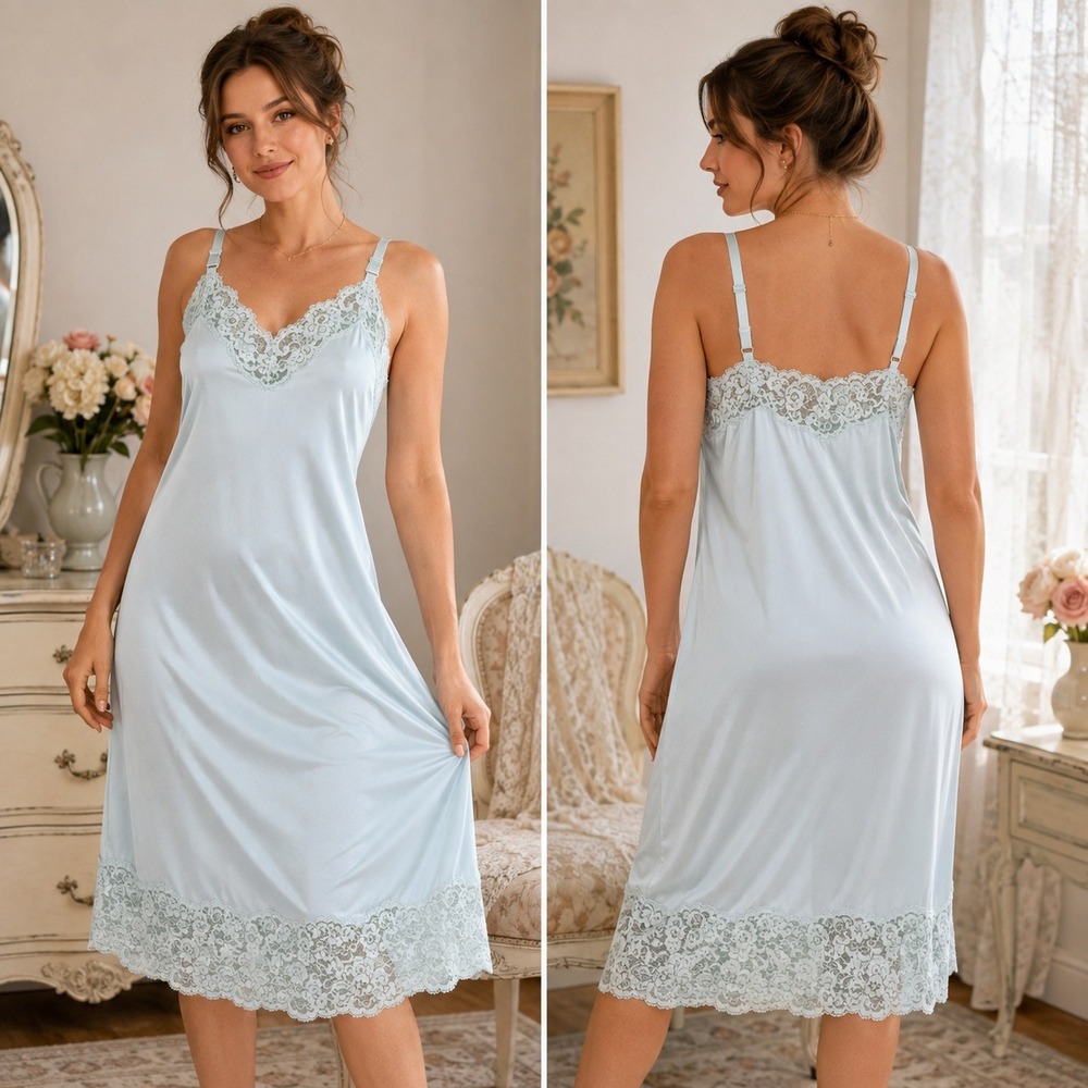 Vintage Maidenform Full Slip Dress Powder Blue Lace Union Made‎ USA Sz 38 Retro